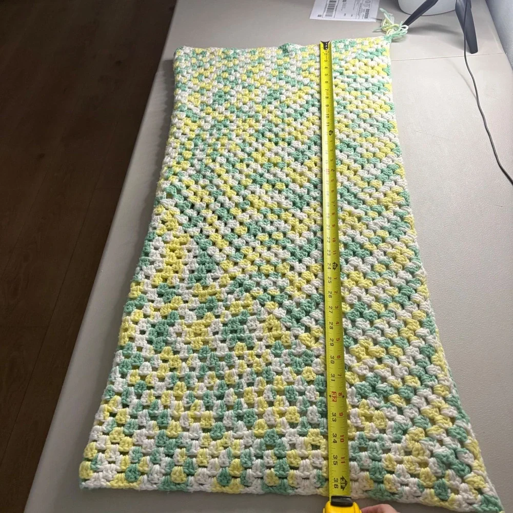 Handmade Crochet Baby Blanket Mint Green Yellow White Granny Square Afghan 32x36